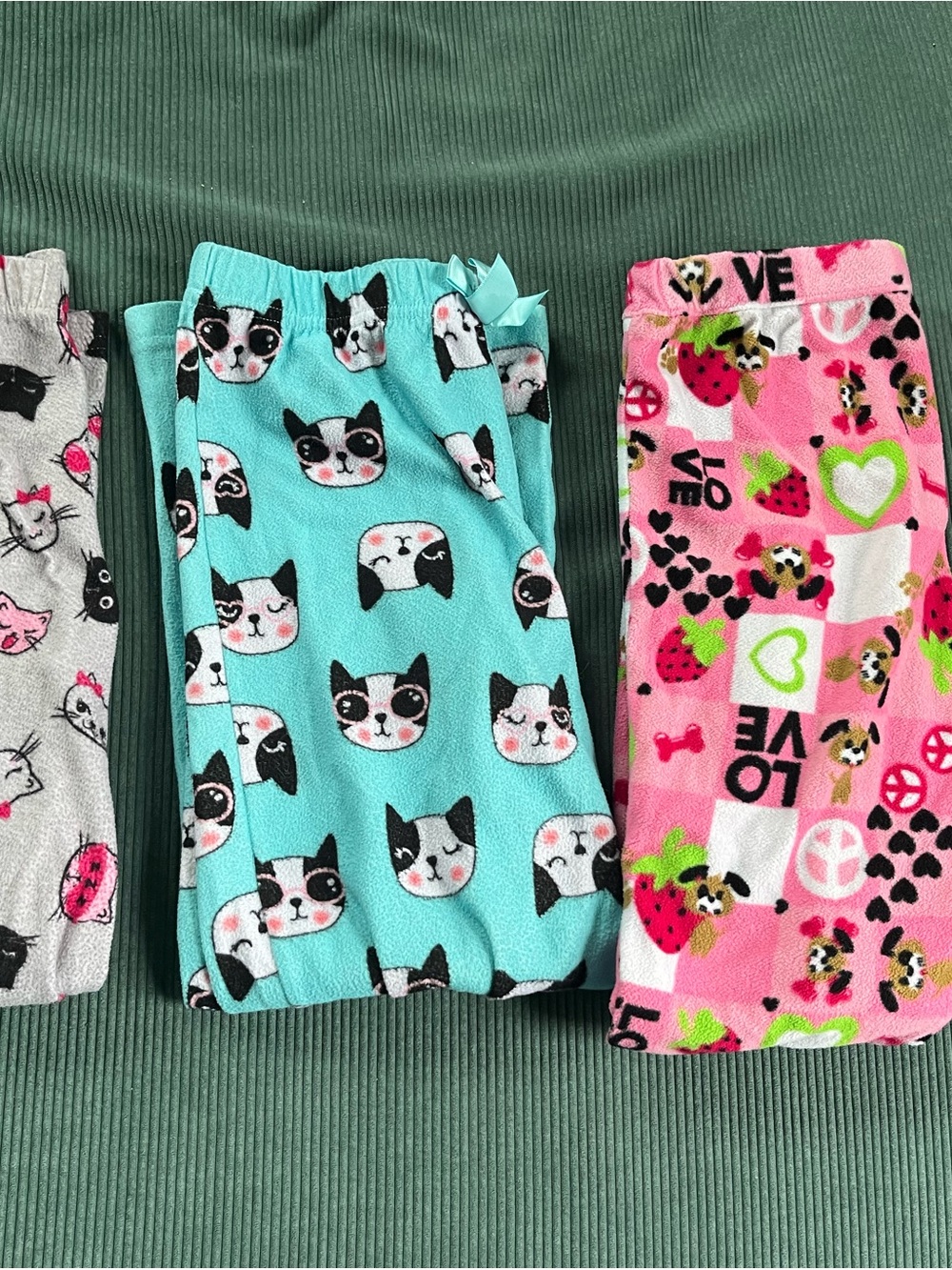 Set of 3 Kids' Cat Print Fleece Pajama Pants - Aqua, Pink, and Grey